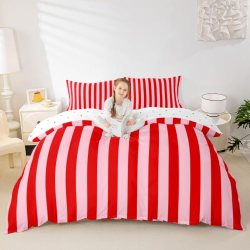 Manfei Red Pink Stripes Kids Duvet Cover Set Queen Size - Abstract Geometric Bedding