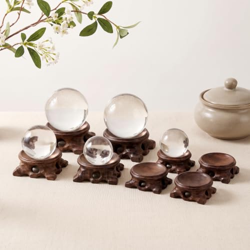 Wood Crystal Sphere Stand Set - Dark Wooden Display Pedestals for Collectibles