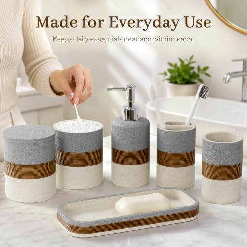 Gray 6-Piece Resin Bathroom Accessories Set - Stone-Inspired Organizers