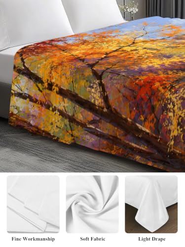 California King Flat Sheet - Lake Trees Leaves Fall Microfiber Bed Sheet - Amber, Gold, Orange, Blue