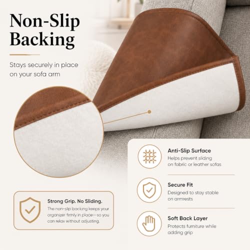 Brown Leather Sofa Armrest Organizer for Couch & Recliner – Waterproof Multi-Pocket Couch Caddy with Magazine & Small Item Storage - Variations of This Listing