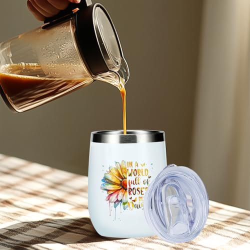 Daisy Watercolor Wine Tumbler 12 oz Insulated Travel Mug with Lid & Straw - Daisy 672