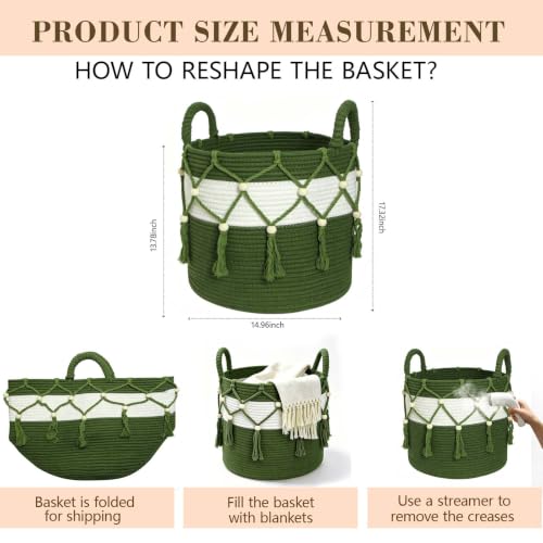 Green Cotton Rope Blanket Basket for Living Room Storage & Toy Organizer