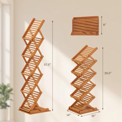 Foldable Bamboo Magazine Rack with Adjustable Height and 5 Shelves — Modern Storage Organizer