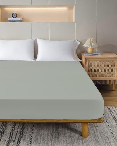 Queen Size Flat Sheet - Muted Pea Green Microfiber Bed Sheet, 90x102, Soft & Breathable
