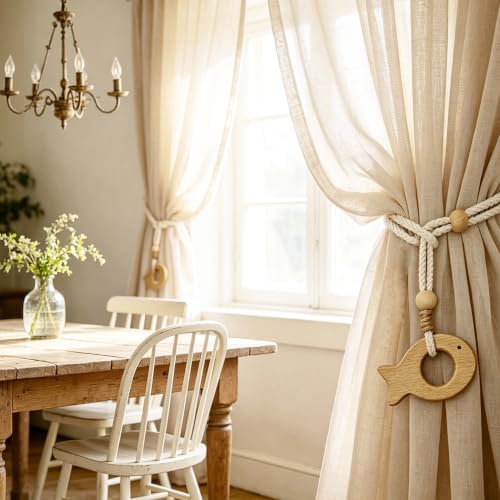 Farmhouse Curtain Tie Backs with Wooden Fish - Boho Rope Drapery Holdbacks, Set of 2 - Natural Decor