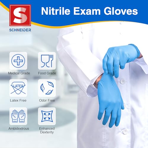 Schneider Nitrile Exam Gloves - S, 100-ct Box, Medical Grade Blue Disposable Gloves Latex Free, Rubber Glove for Cleaning, Cooking, Food Prep