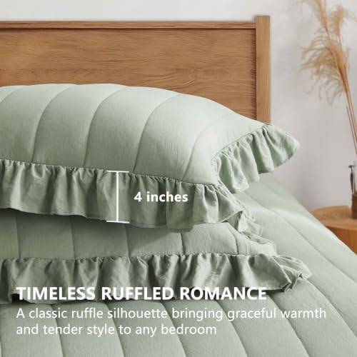 Sage Green Ruffle Queen Quilt 3 Piece Bedspread Set - Lightweight & Soft