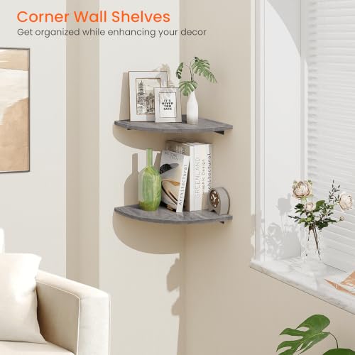Grey Round Corner Wall Mount Floating Shelves Set of 2 - Rustic & Durable