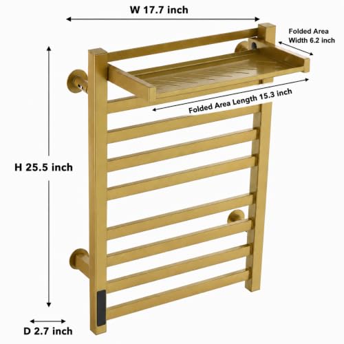 Smart Gold Heated Towel Rack with Shelf - 8 Bars, Bathroom Decor
