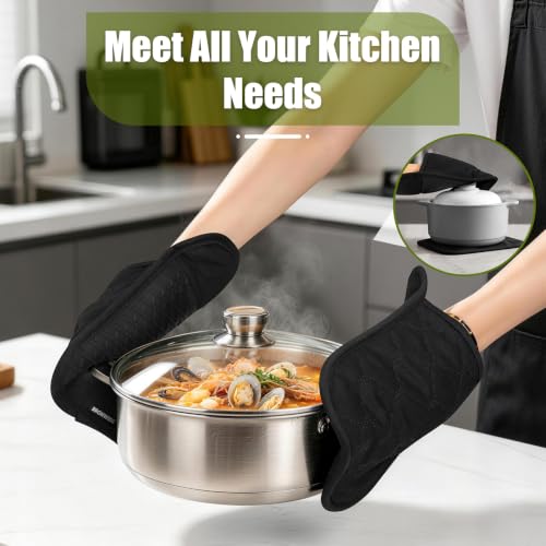 Black Silicone Oven Mitts and Pot Holders Set with Kitchen Towels - Heat Resistant 500°F