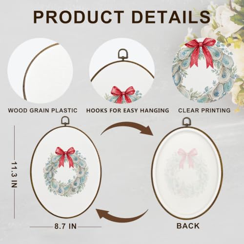 Christmas Oyster Wreath Wall Art - Oval Framed Canvas Decor, 11.3x8.7 Inches