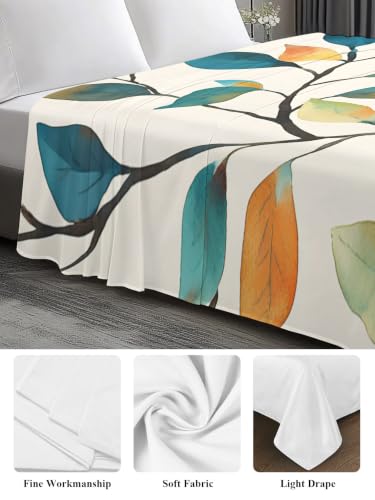 Queen Size Colorful Leaf Vine Flat Sheet - Microfiber Breathable Bed Cover in Orange Gray Blue Green