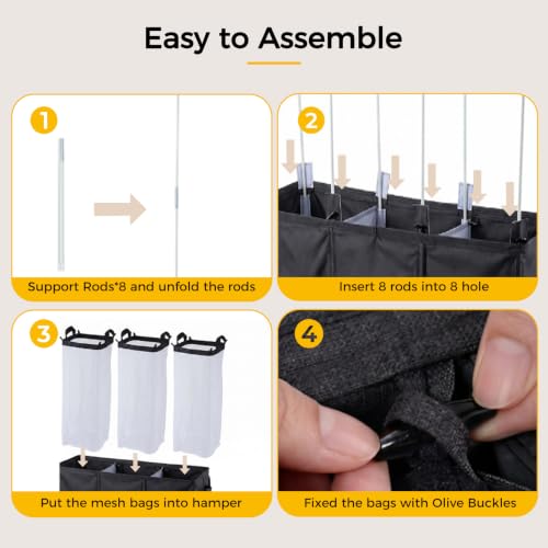 UFORU 195L 3-Section Laundry Hamper with Lid - Black, Collapsible & Removable Mesh Bags