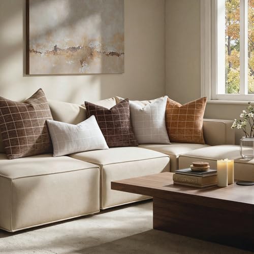 Beige Chenille Plaid Throw Pillow Covers Set of 2 26x26 Inches - Boho Home Decor