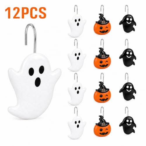 Halloween Ghost Pumpkin Shower Curtain Hooks Set - Spooky Bathroom Decor, Rustproof Metal Hangers, 12 Pieces