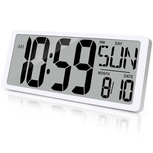 Large Digital Wall Clock 18.3 Inch Auto DST Temperature Display for Living Room Office White