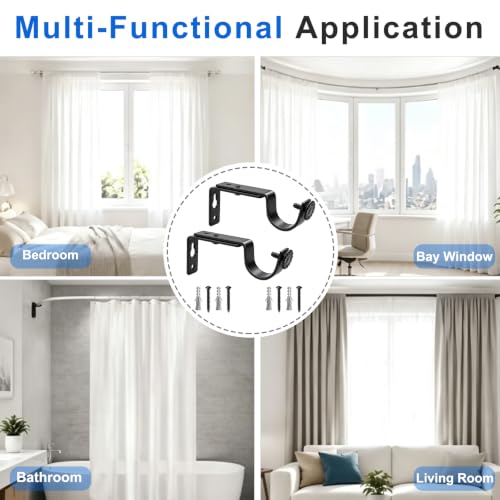 Black Curtain Rod Brackets Heavy Duty Wall Mount 2 Pack for 1 Inch Round Rods