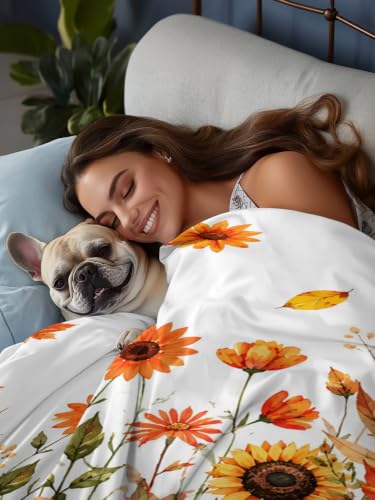 Cal King Size Flat Sheet with Pumpkin Sunflower Maple Leaf Design Orange - Microfiber Breathable Bedding