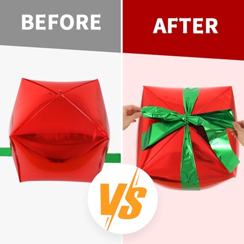 Christmas Gift Box Balloons Set - Red & Green Cube Foil Balloons with Ribbons