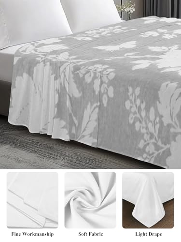 King Flat Sheet - White, Slate Gray, Ash Gray, Silver - Microfiber, Vintage Floral Pattern, Hotel Quality Bedding