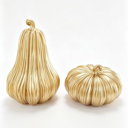 Gold Fall Pumpkin Decor Set - 2 Resin Pumpkins for Thanksgiving & Autumn Styling - Variation Gold-A
