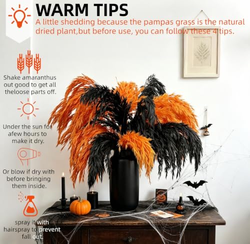 Halloween Black and Orange Pampas Grass for Fall Decor - 17 Inches