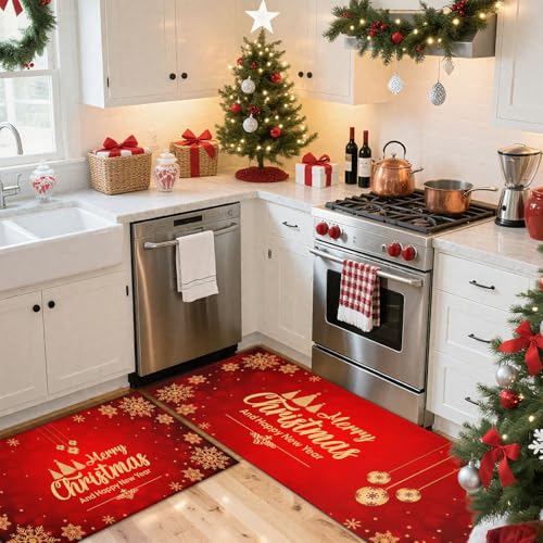 Christmas Kitchen Rugs Set of 2 - Snowflake & Merry Christmas Design, Non-Slip Floor Mats for Entryway & Kitchen, Red & Gold, 17x30 & 17x47 Inches