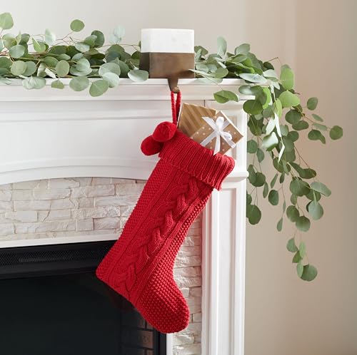 Set of 2 Red Knit Christmas Stockings with Pom-Poms - 19 Inch Holiday Decor