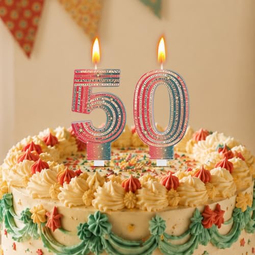 Retro Colorful Number Birthday Candles 50 - 2 Pcs Party Cake Decorations