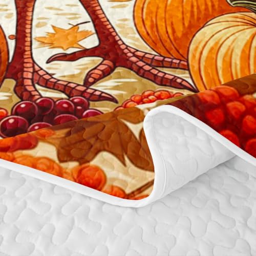 Castle Fairy Autumn Turkey Quilt Set Queen Size - Fall Harvest Bedding with Pillow Shams - Orange Red Cream, 3 Pieces