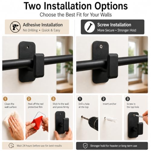 No Drill Self-Adhesive Curtain Rod Brackets - Pack of 8, Black