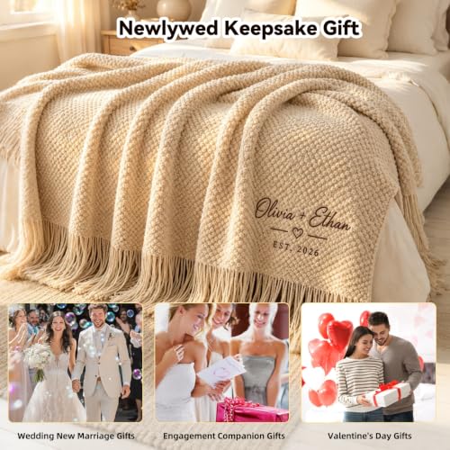 Personalized Couples Blanket with Embroidered Names & Date - Wedding Gift, Cozy Throw for Bed & Sofa