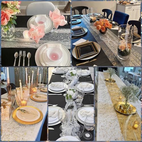 Beige Gold 10ft Sheer Glitter Metallic Gauze Table Runner for Weddings & Events