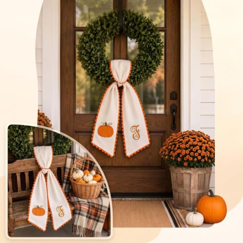 Medium Halloween Wreath Sash Decor with Embroidered Pumpkin & Initial - Fall Seasonal Accent