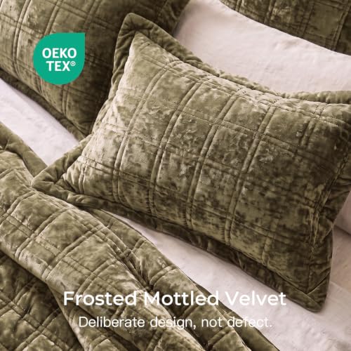 Oversized Super King Velvet Quilt Set 128x120 Inches - Olive Green - Luxury Bedding