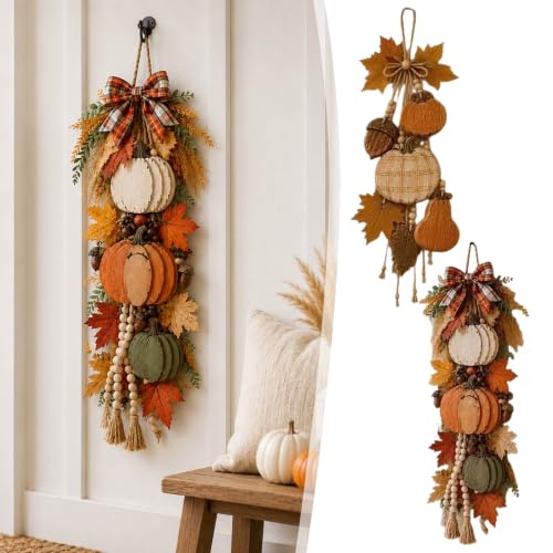 Fall Pumpkin Hanging Swag - Velvet Harvest Pumpkin Decor for Front Door & Porch - Orange2