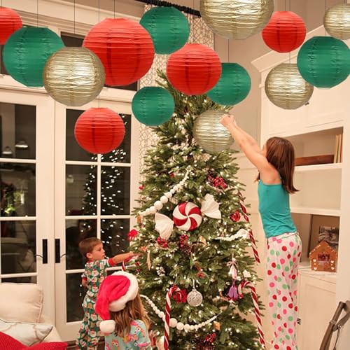 Christmas Red, Green & Gold Paper Lanterns Set of 12 Decorative Hanging Decorations
