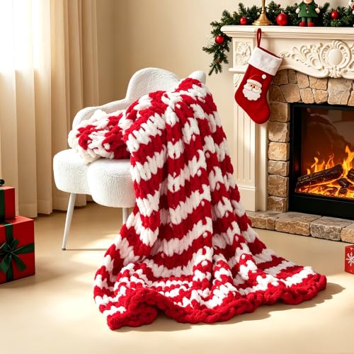 Christmas Red White Chunky Knit Blanket Throw 51x63 Inches for Couch