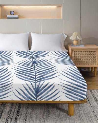 King Size Flat Sheet Navy Blue with Palm Leaves - 105x98 Microfiber Bedding