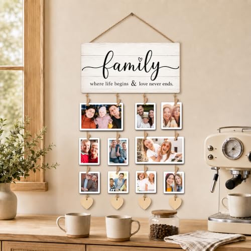 AWSICE Natural Wood Family Photo Frame Hanging Display Wall Decor