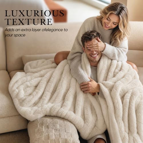 Antique Ivory White 50x60 Inch Double-Sided Faux Fur Throw Blanket - Ultra Plush & Cozy Warm Luxury Bed Couch Decor