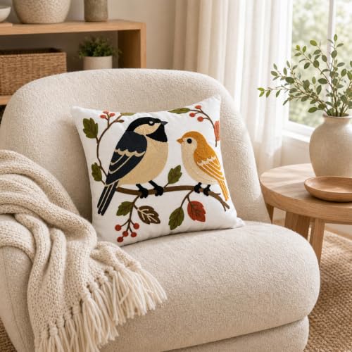 Botanical Birds Embroidered Throw Pillow Cover 18x18 Inches - Pack of 1