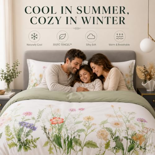 Reversible Queen Duvet Cover Set with Cooling TENCEL & Brushed Cotton - Wildflower Meadow Sage Green, 3 Pieces