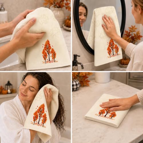 Fall Hand Towels 2 Pack - Beige Maple Leaves Jacquard, Soft Cotton, 29.5 x 13.8 Inches