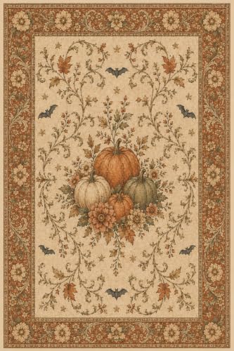 Rust & 4' x 6' Halloween Area Rug with Pumpkin Floral Design, Washable & Non-Slip