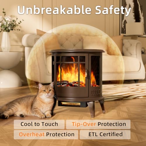 Electric Fireplace Stove with 3D Flame Effect and Walnut Finish - 22.8 Inch