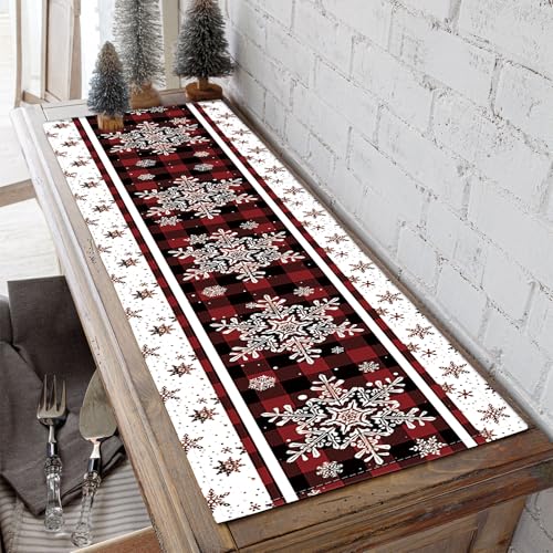 Snowflakes Christmas Table Runner 13 x 90 Inches with Buffalo Plaid Holiday Decor