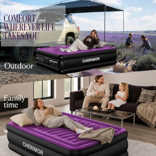 Full Air Mattress with Built-In Pump - 18 Inch Raised Support, Purple Flocked Surface