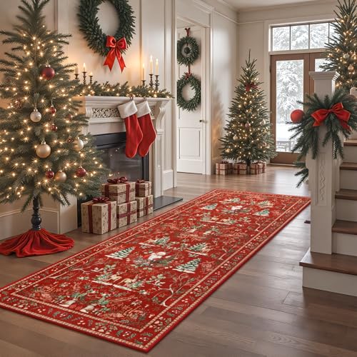 2'7" x 8" Christmas Runner Rug - Red Holiday Reindeer & Santa Design, Washable, Non-Slip, Low Pile
